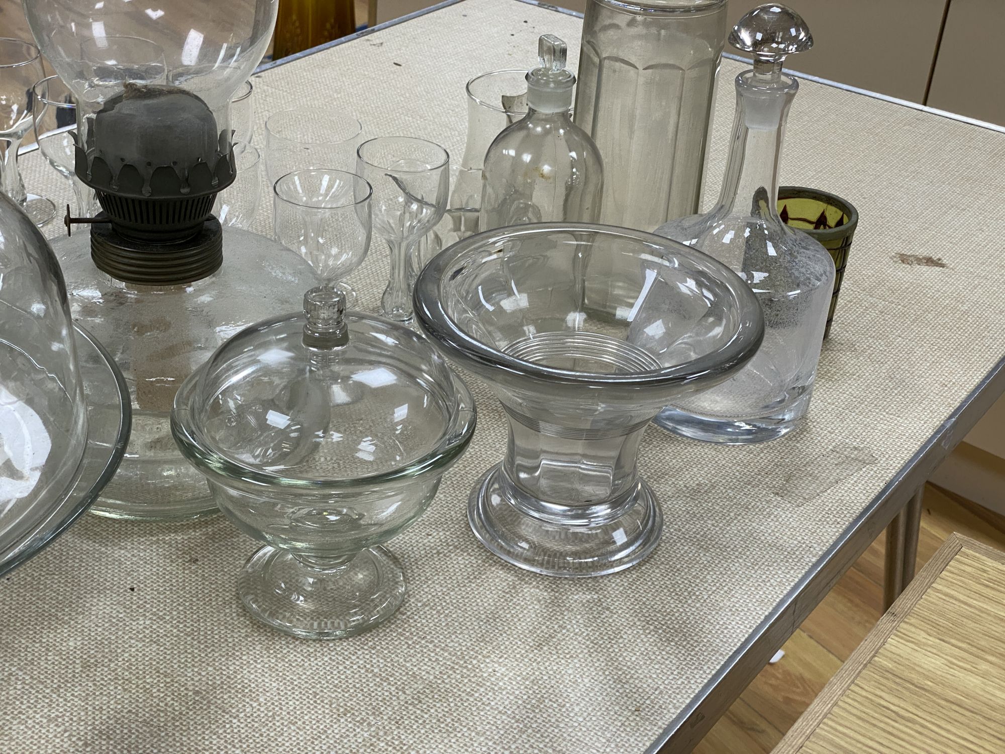 A mixed quantity of glass including a large oil lamp, reservoir and chimney